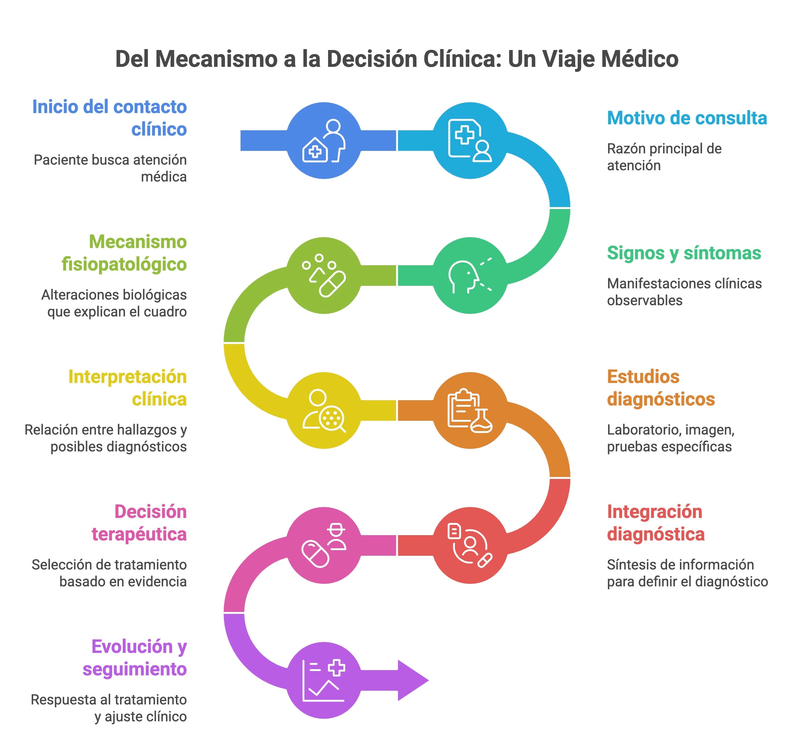 aprendizaje clínico en medicina representado como un diagrama del proceso de razonamiento clínico desde el contacto con el paciente hasta el tratamiento y seguimiento