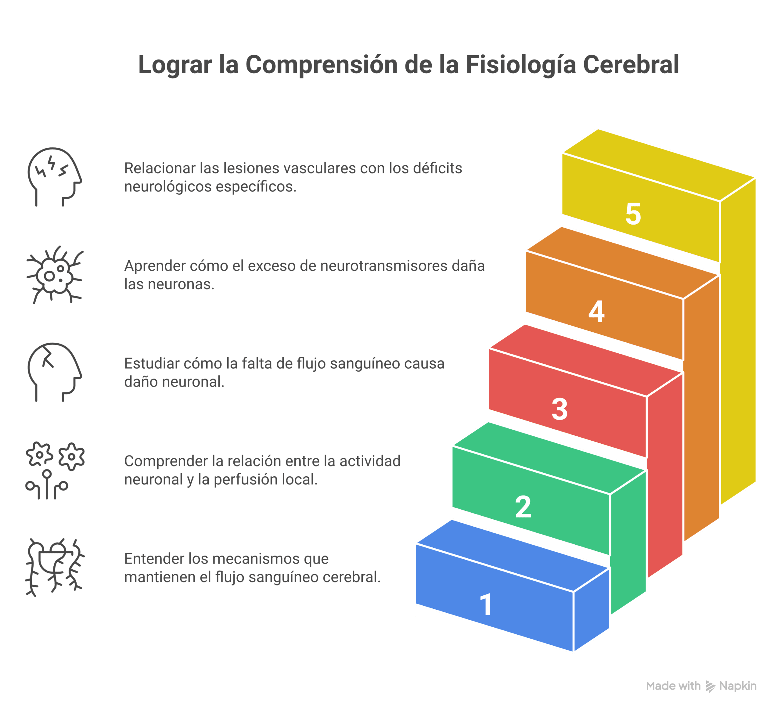 Esquema de fisiología cerebral y síndromes clínicos que muestra autorregulación vascular, flujo sanguíneo cerebral y metabolismo neuronal en contexto isquémico