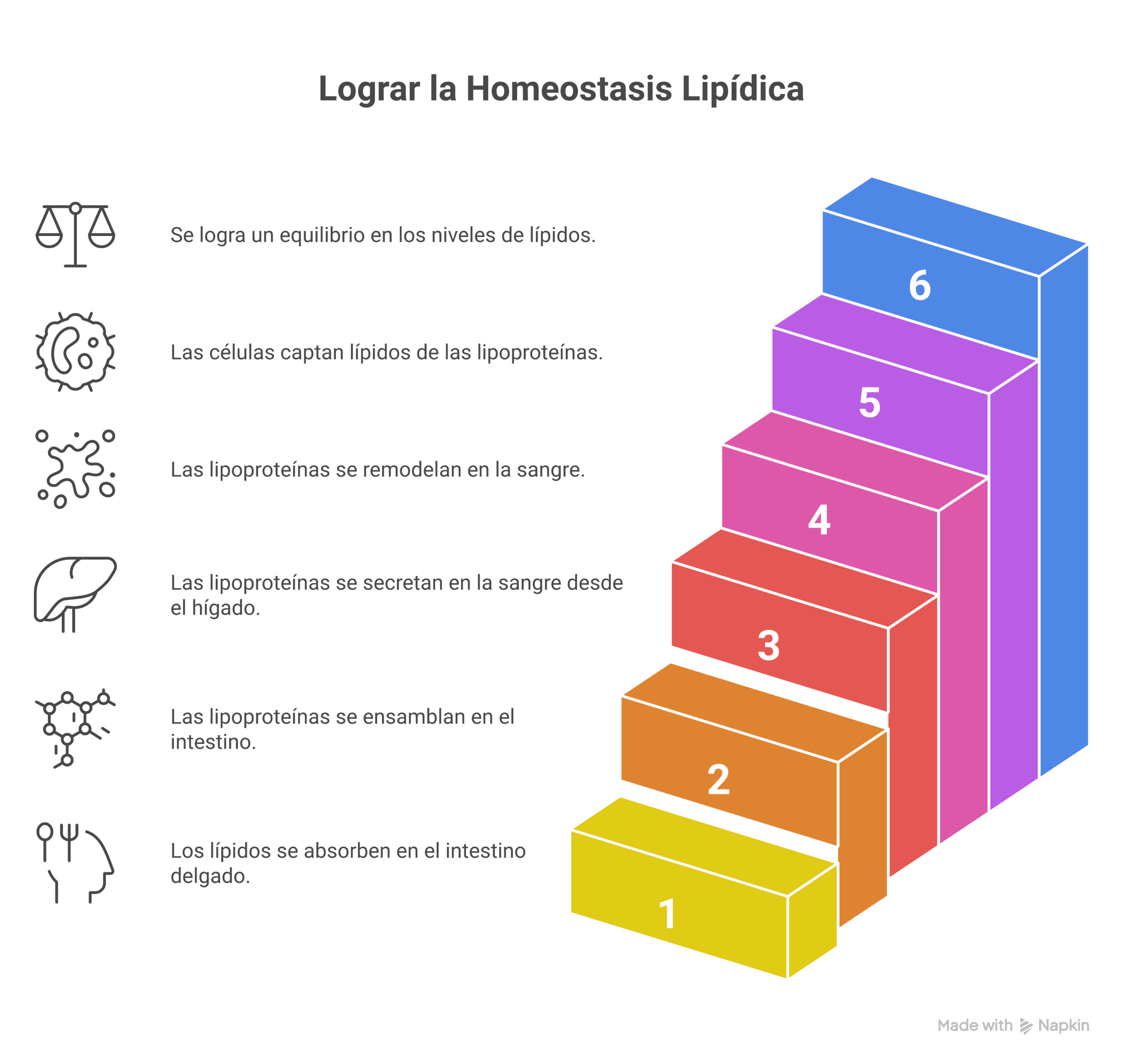 Diagrama escalonado que muestra la homeostasis lipídica desde la absorción intestinal de lípidos, ensamblaje y secreción de lipoproteínas, remodelación en sangre y captación celular para mantener el equilibrio lipídico.