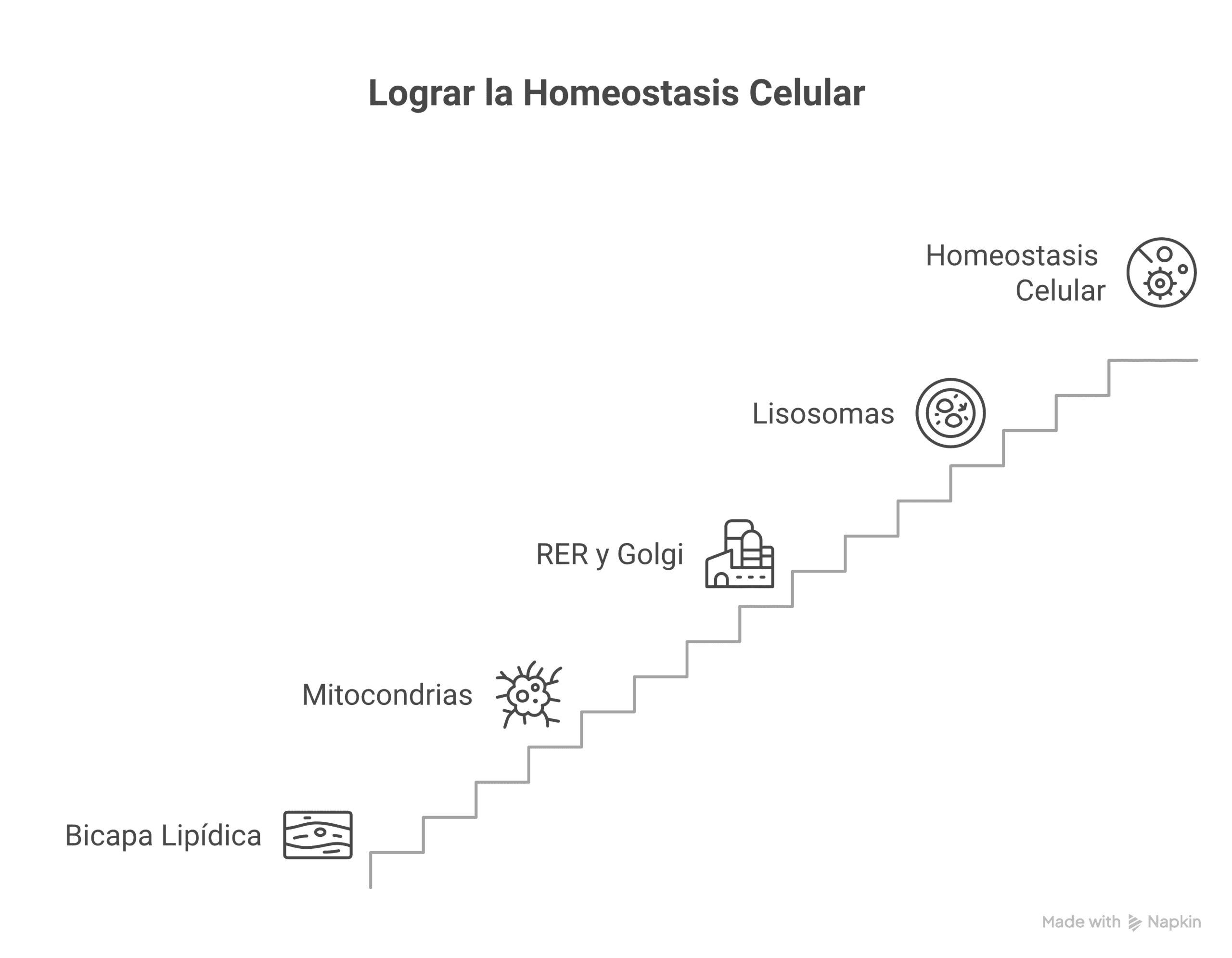 Diagrama que muestra los componentes celulares que contribuyen a la homeostasis celular, incluyendo la bicapa lipídica, mitocondrias, retículo endoplásmico, aparato de Golgi y lisosomas.