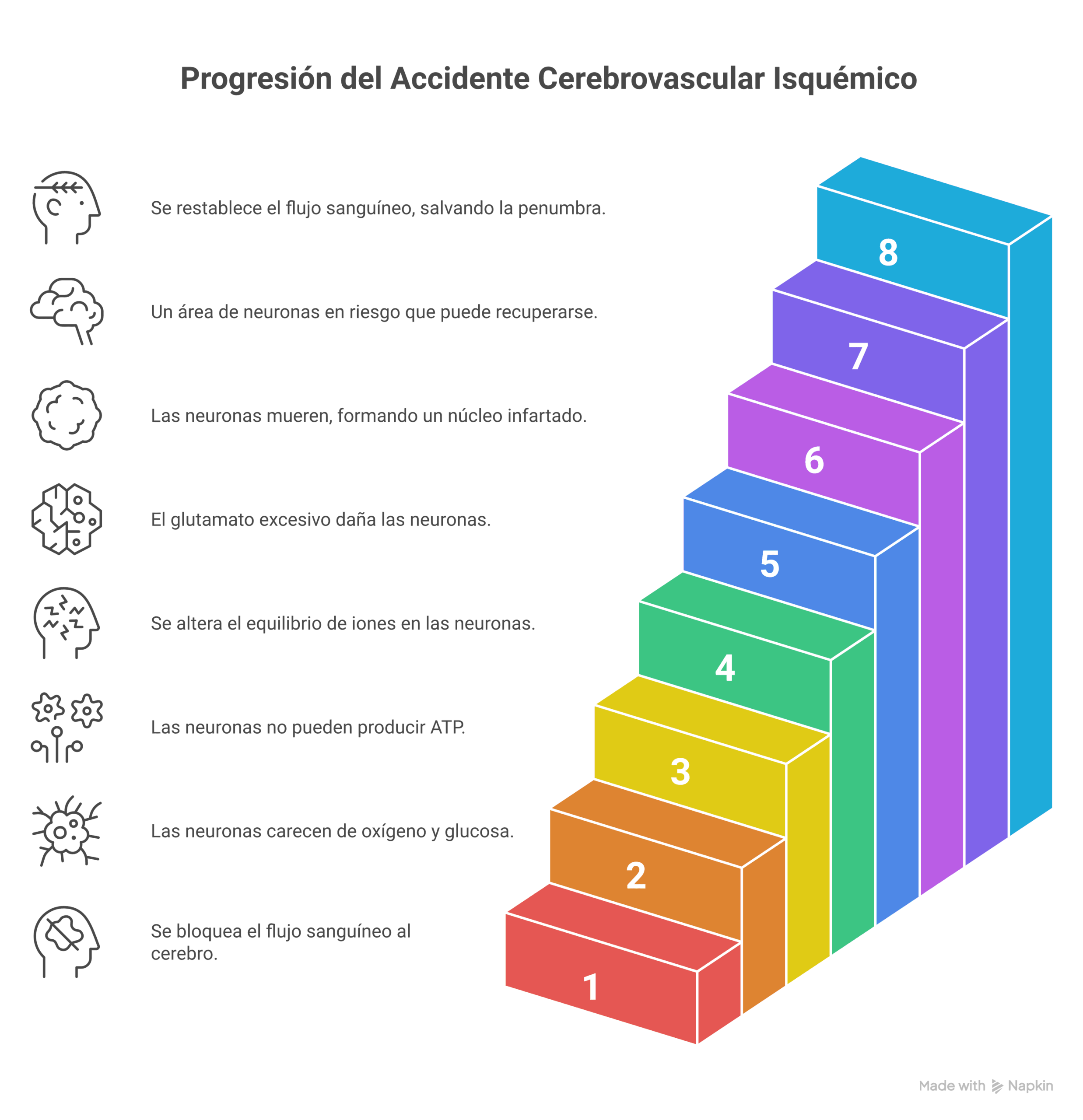 Diagrama clínico del accidente cerebrovascular isquémico mostrando la oclusión arterial, daño neuronal, edema citotóxico y penumbra isquémica en tejido cerebral