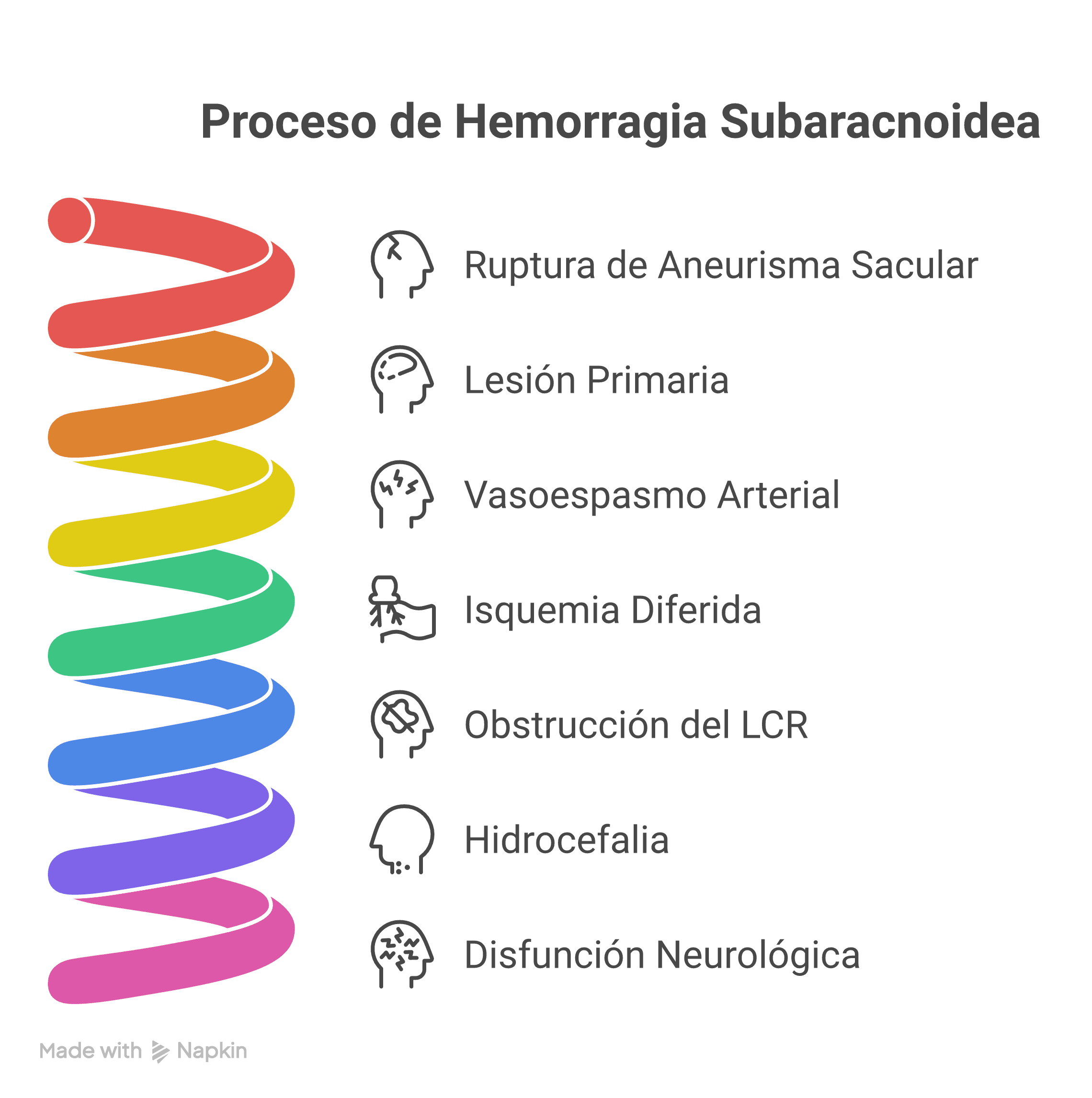 Esquema clínico de hemorragia subaracnoidea mostrando sangrado en el espacio subaracnoideo, afectación del polígono de Willis y vasoespasmo arterial