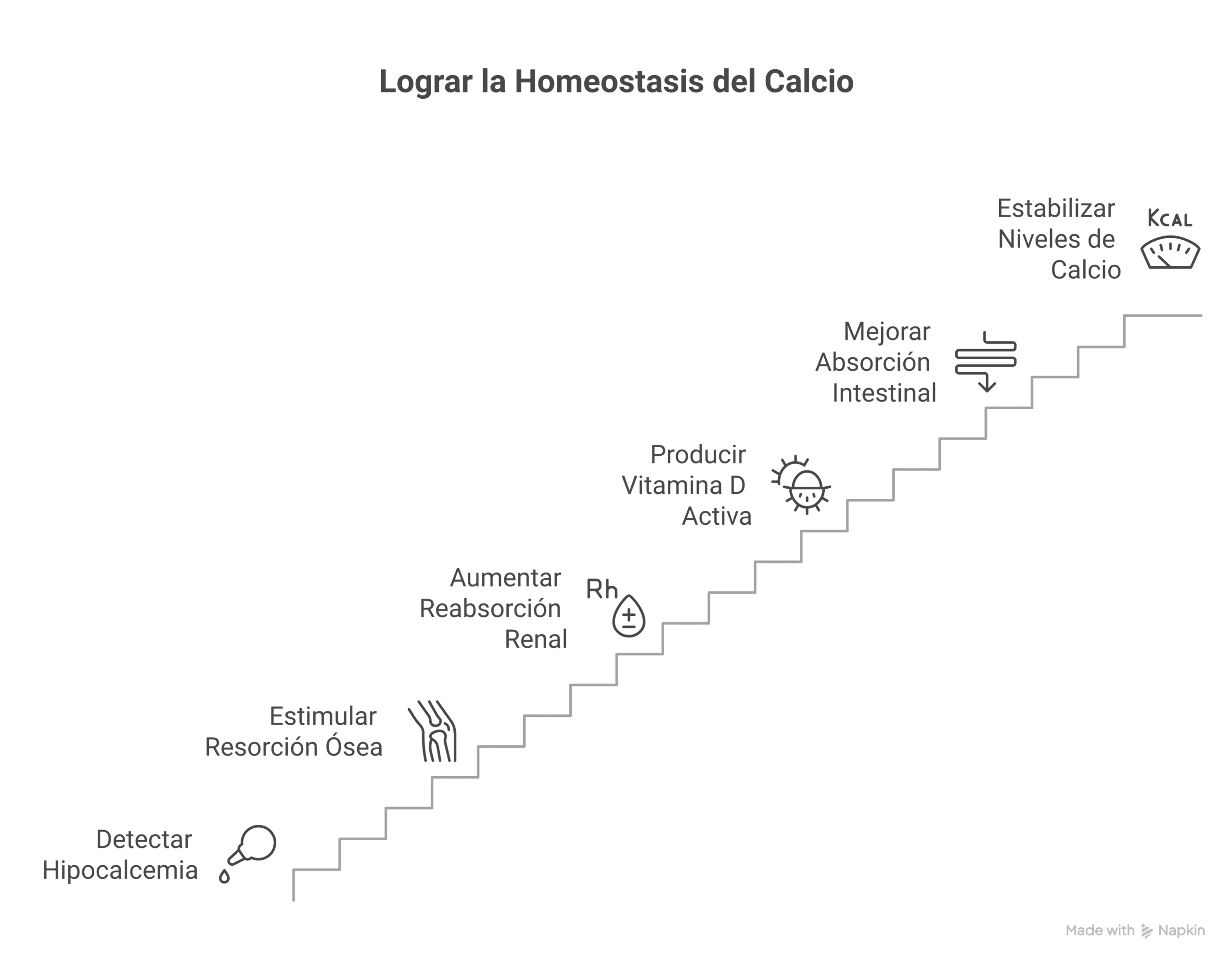 Diagrama que ilustra la regulación de la homeostasis del calcio iniciando con la detección de hipocalcemia y activando procesos como resorción ósea, reabsorción renal y producción de vitamina D activa.