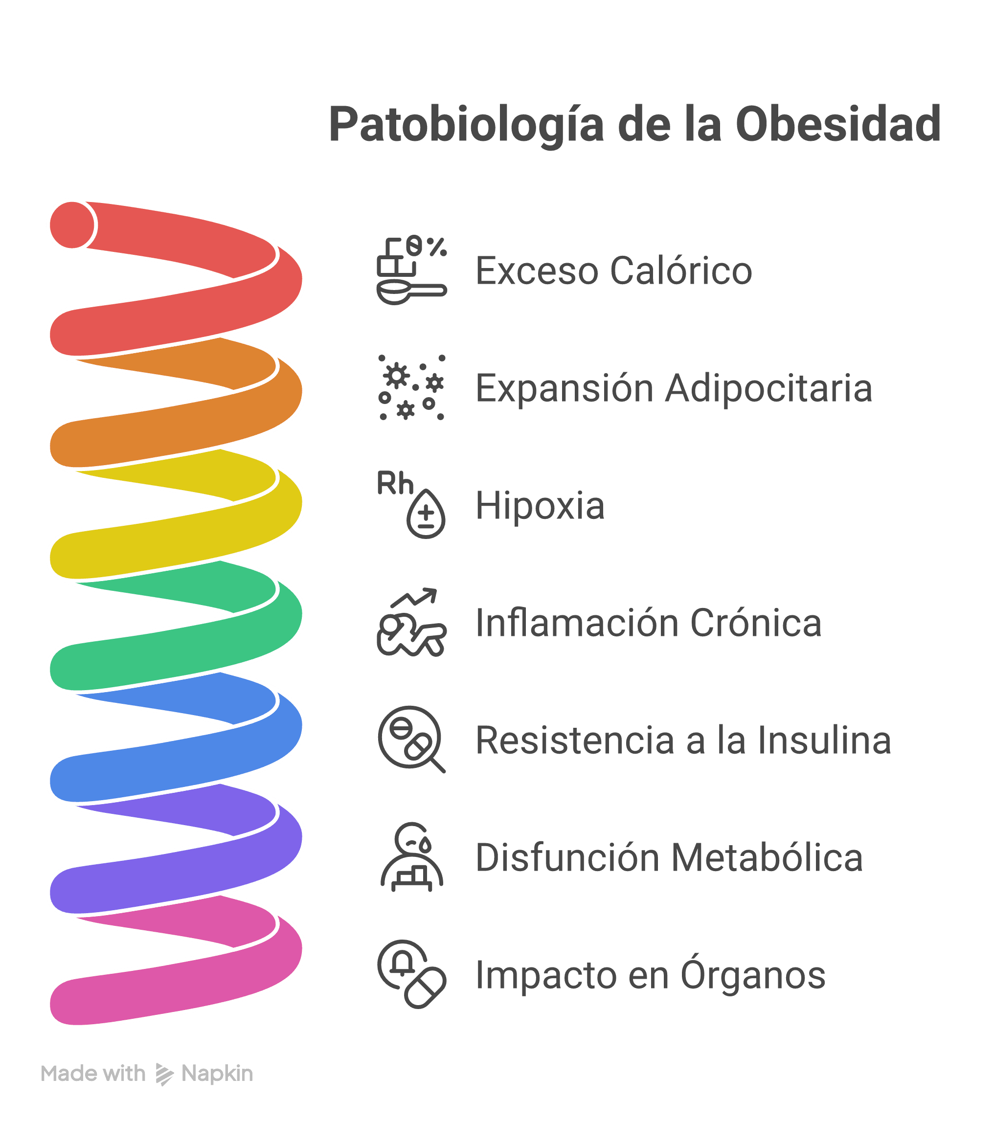 Diagrama que muestra la patobiología de la obesidad desde el exceso calórico y la expansión adipocitaria hasta la hipoxia, inflamación crónica, resistencia a la insulina y disfunción metabólica con impacto en órganos.