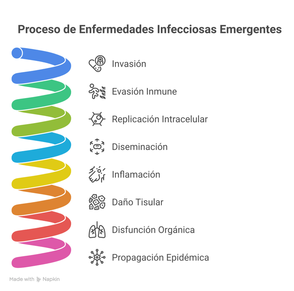 Ilustración clínica de enfermedades infecciosas emergentes mostrando invasión de agentes patógenos, evasión inmune y daño tisular progresivo